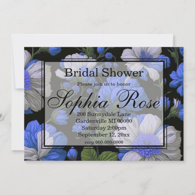 Elegante silberblaue, elegante Retrofloralen Einladung (Vorderseite)