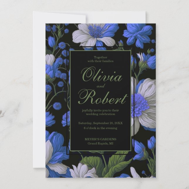 Elegante silberblaue, elegante Retrofloralen Einladung (Vorderseite)