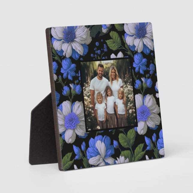 Elegante silberblaue, elegante Retrofloralen Fotoplatte (Vorderseite)