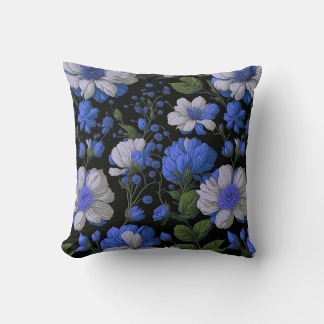 Elegante silberblaue, elegante Retrofloralen Kissen (Vorderseite)