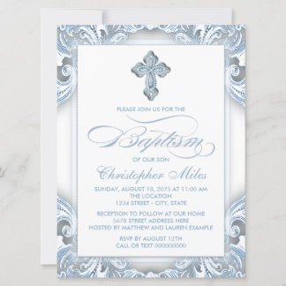 Elegante silberblaue Taufe Einladung
