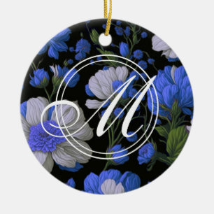 Elegante silberblaue weiße elegante Retro-Blumen Keramik Ornament
