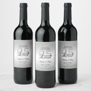 Elegante silberfarbene Dekoration zum 25. Jubiläum Weinetikett