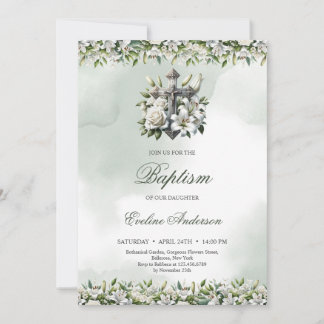 Elegante silberfarbene, kreuz-weiße Lilien Taufe Einladung