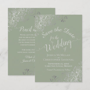 Elegante silbergraue Locken Hochzeit in Salbeigrün Save The Date