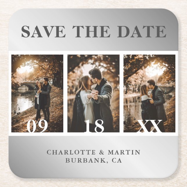 Elegante Silberhochzeitfotocollage Save the Date Rechteckiger Pappuntersetzer (Vorderseite)
