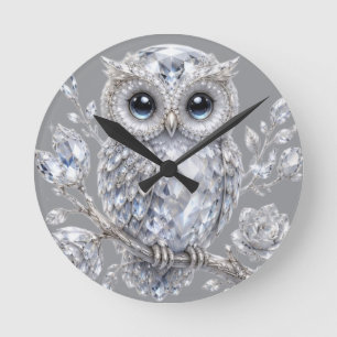 Elegante silberne Eulen-Botanik-Magie-Nacht-Dekora Runde Wanduhr