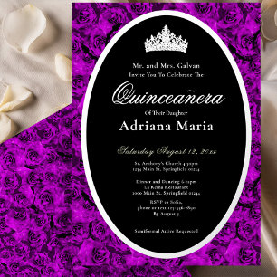 Elegante Silberne Florale Quinceanera mit violette Folieneinladung