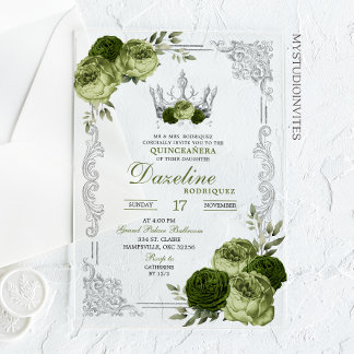 Elegante silberne Krone Sage Grün Quinceanera Acryleinladungen