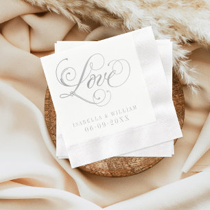 Elegante silberne Liebes-Kalligrafie-Hochzeit Serviette