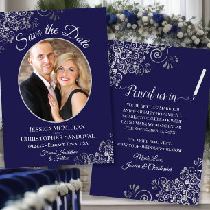 Elegante silberne Locken & Foto auf navyblauer Hoc Save The Date