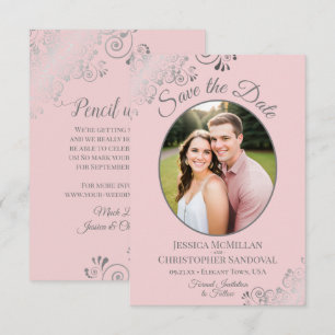 Elegante silberne Locken & Foto auf rosafarbenen H Save The Date