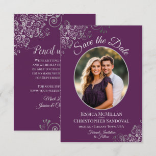 Elegante silberne Locken & Foto Pflaume Lila Hochz Save The Date