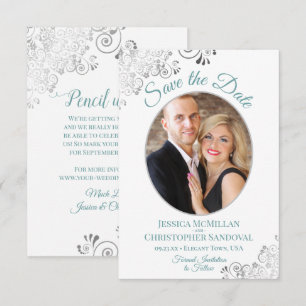 Elegante silberne Locken Foto Teal auf weißer Hoch Save The Date