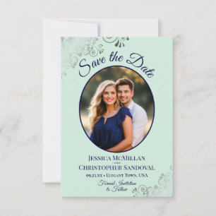 Elegante silberne Minze und marineblaue ovale Foto Save The Date