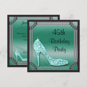 Elegante silberne Rahmen-Teal-Stiletto 45. Geburts Einladung