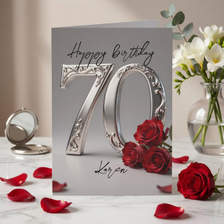 Elegante Silberne Rote Rose Damen 70. Geburtstag Karte