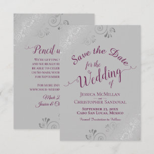 Elegante silberne Spitze Cassis Lila auf Grau Hoch Save The Date