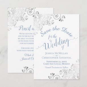 Elegante silberne Spitze Immergrün Blau Weiße Hoch Save The Date