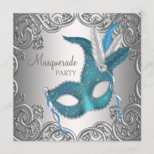 Elegante silberne Türkisblaue Maskenparty Einladung