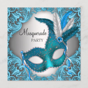 Elegante silberne Türkisblaue Maskenparty Einladung