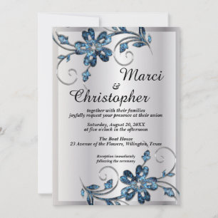 Elegante silberne und blaue Hochzeitseinladung Einladung