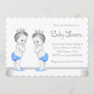 Elegante silberne und blaue Zwillinge-Baby-Party f Einladung