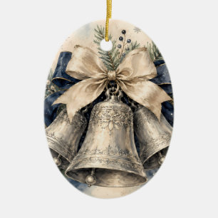 Elegante silberne Weihnachtsglocken Aquarell Keramik Ornament
