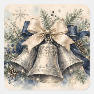 Elegante silberne Weihnachtsglocken Aquarell Quadratischer Aufkleber