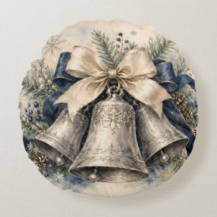 Elegante silberne Weihnachtsglocken Aquarell Rundes Kissen