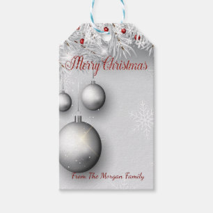 Elegante silberne Weihnachtskugeln, Tannenzweige Geschenkanhänger