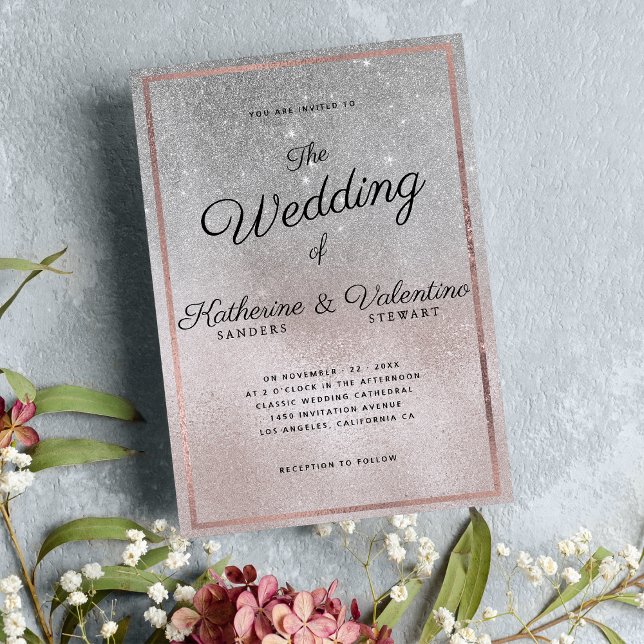 Elegante Silberrosa Glitzer Gradienten Foto Hochze Einladung (Luxury traditional white gold eucalyptus wedding invitation 1)