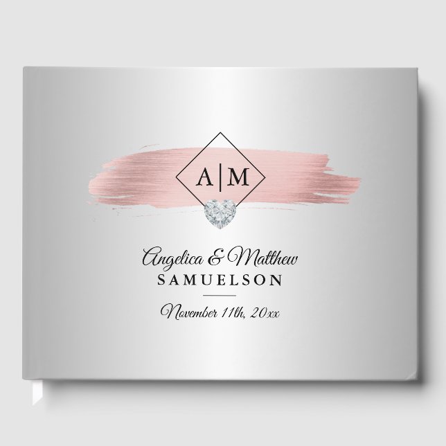 Elegante Silberrosa Rose Gold Monogramme Hochzeit Gästebuch (Vorderseite)
