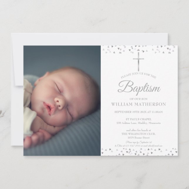 Elegante Silbertaufe, Christening Foto Einladung (Vorderseite)