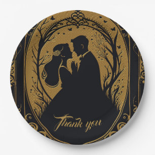 Elegante Silhouette einer Braut und eines Bräutiga Pappteller