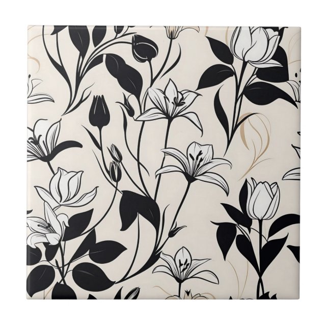 Elegante Silhouetten aus Blumen weiß und schwarz Fliese (Vorderseite)