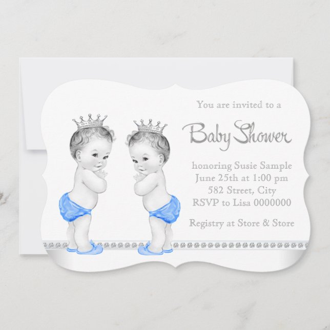 Elegante Silver and Blue Twin Boy Baby Shower Einladung (Vorderseite)