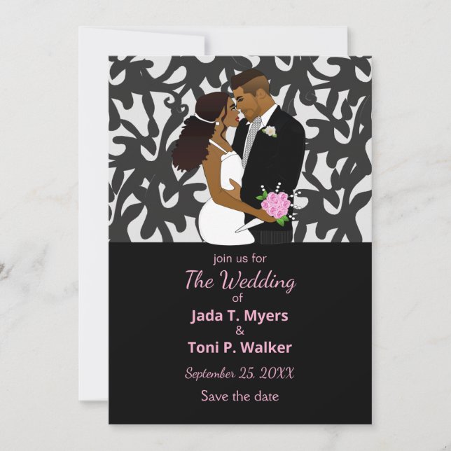 Elegante Silver & Black African American Wedding Einladung (Vorderseite)