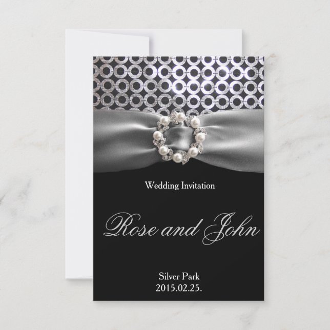 Elegante Silver Black Pearl Ribbon Wedding Card Einladung (Vorderseite)