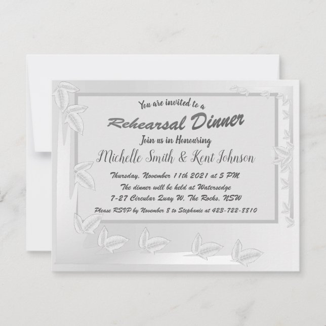 Elegante Silver Blätter Design Probe Dinner Einladung (Vorderseite)