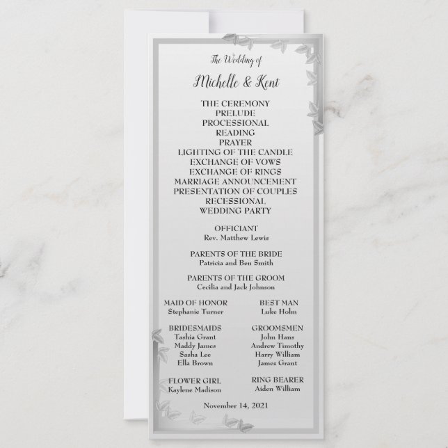 Elegante Silver Blätter Design Wedding Menu Card Einladung (Vorderseite)