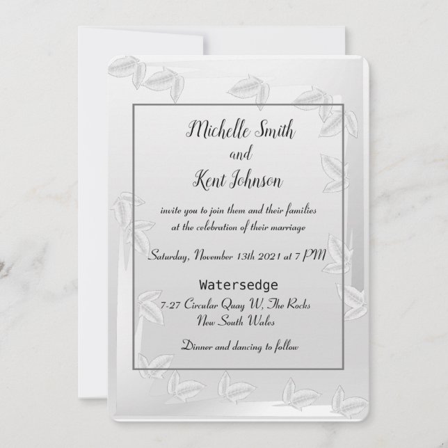 Elegante Silver Blätter Einladung Hochzeit (Vorderseite)