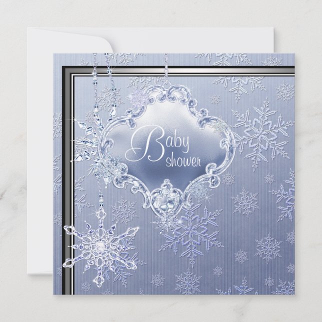 Elegante Silver Blue Snowflake Baby Boy Dusche Einladung (Vorderseite)