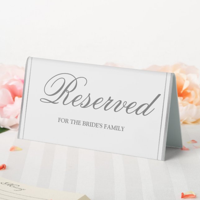 Elegante Silver Border Wedding vorbehalten Tischaufsteller (In Situ (Hochzeit))