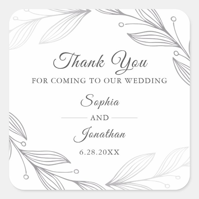 Elegante Silver Botanical Blätter Hochzeit Vielen  Quadratischer Aufkleber (Vorderseite)