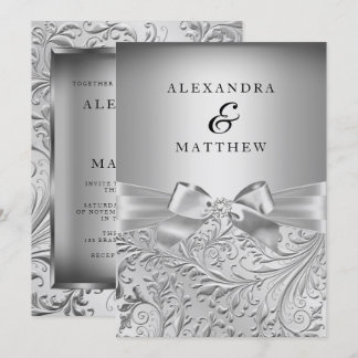 Elegante Silver Bow Silver Leaf Swirl Wedding Einladung