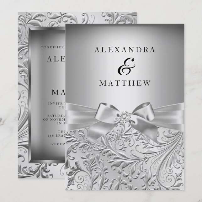 Elegante Silver Bow Silver Leaf Swirl Wedding Einladung (Vorne/Hinten)
