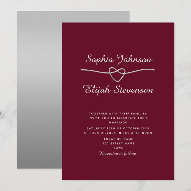 Elegante Silver Burgundy Wedding Einladung (Vorne/Hinten)