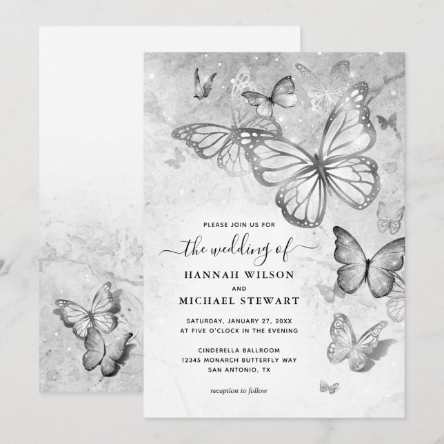 Elegante Silver Butterfly Wedding Einladung (Vorne/Hinten)