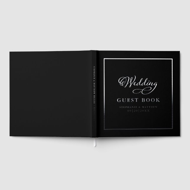 Elegante Silver Calligraphy Wedding Black Keepake Gästebuch (Voll)